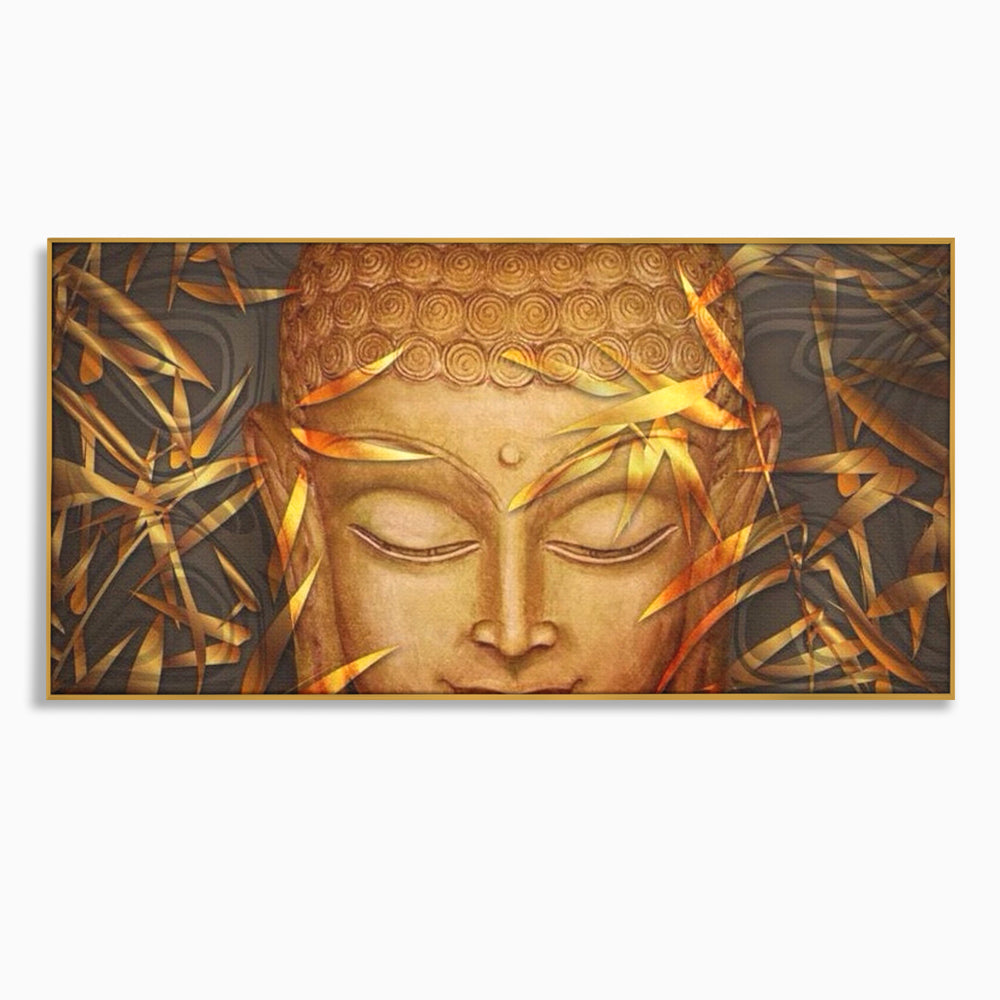 Tablou canvas cu tablou canvas cu chipul lui buddha, in rama de aluminiu auriu